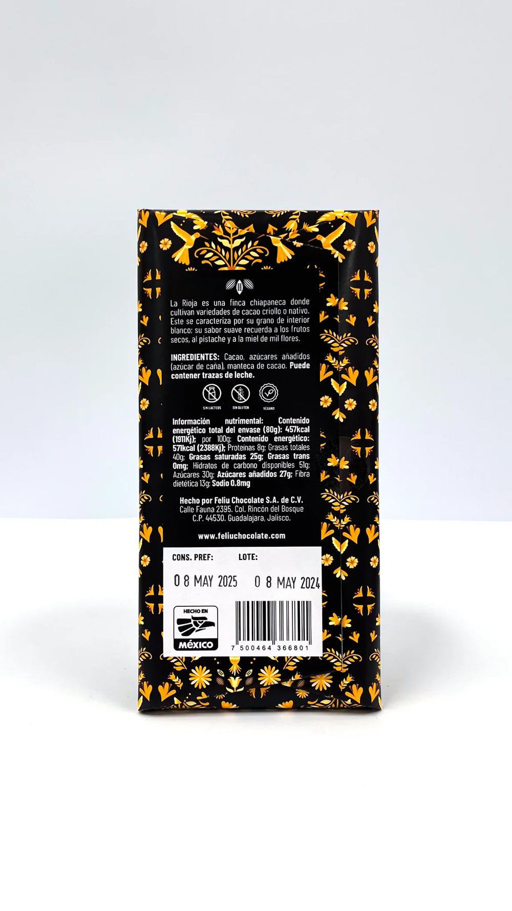 Feliu Chocolate Criollo Rioja 73% dark chocolate bar, pale ocher colour from white Criollo cacao beans, Finca La Rioja Chiapas Mexico