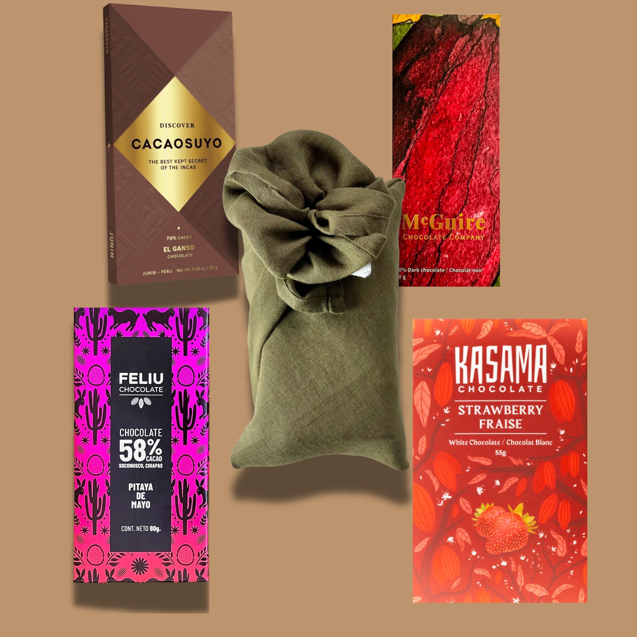 ICA award-winning chocolate gift bundle wrapped in olive linen furoshiki