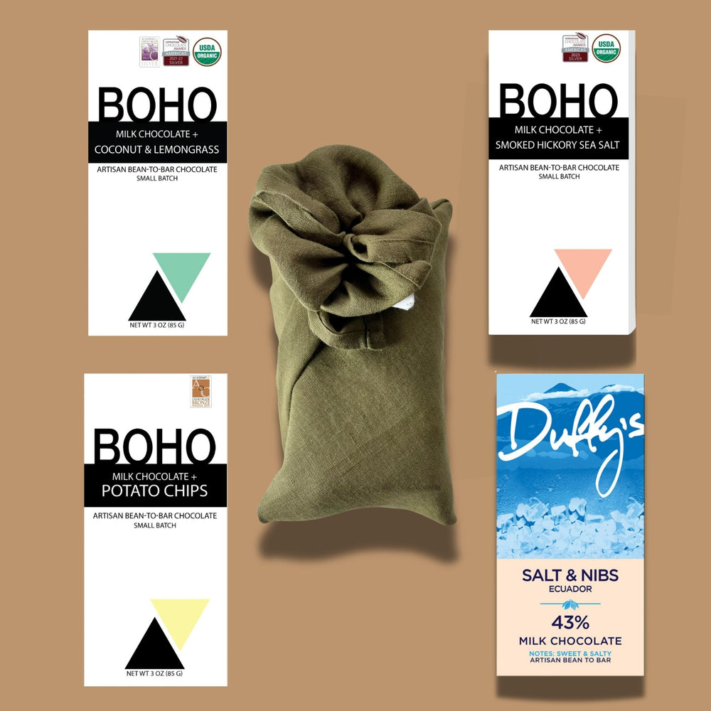 the best milk chocolate gift box wrapped in olive linen furoshiki