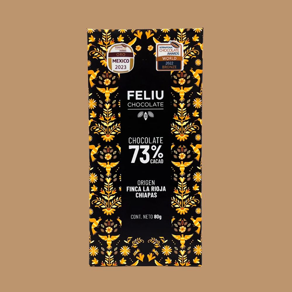 Feliu Chocolate Criollo Rioja 73% dark chocolate bar, pale ocher colour from white Criollo cacao beans, Finca La Rioja Chiapas Mexico